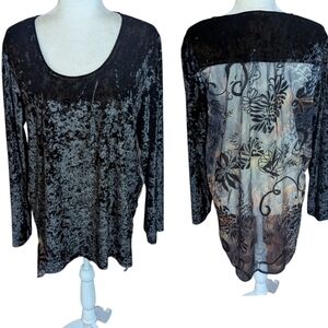 Whimsigoth Crushed Velvet Black Flowy Tunic Burnout Sheer Patterned Back Sz L